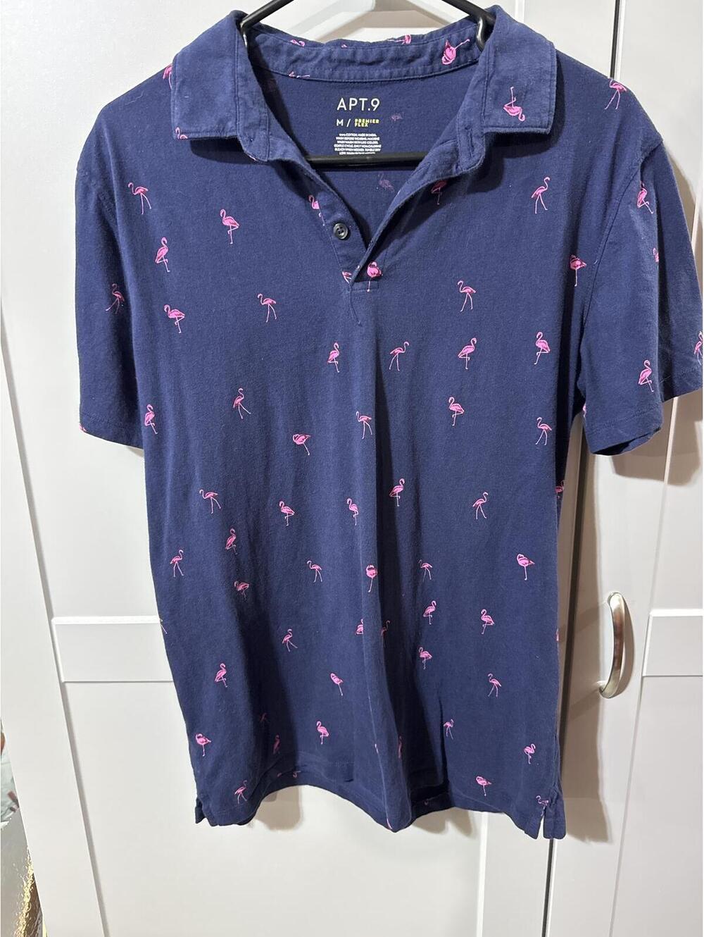 APT.9 Premier Flex Men’s Medium Navy Flamingo Print Polo Shirt Cotton